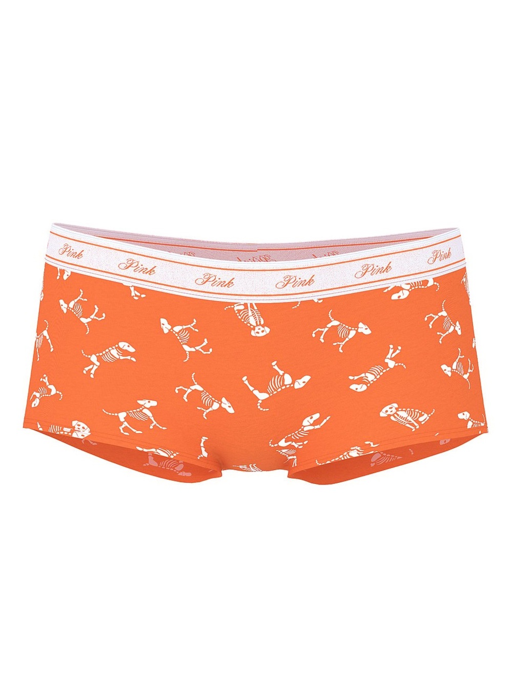 NWT VICTORIA'S SECRET PINK ORANGE WHITE SKELETON DOG HALLOWEEN BOYSHORT PANTIE